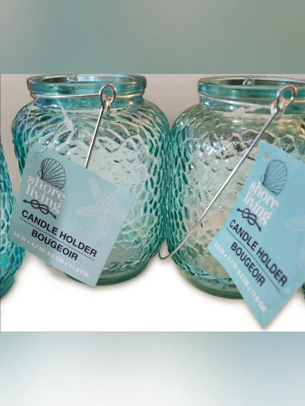Set of 4 Aqua Textured Glass Candle Holders with Metal Hangers